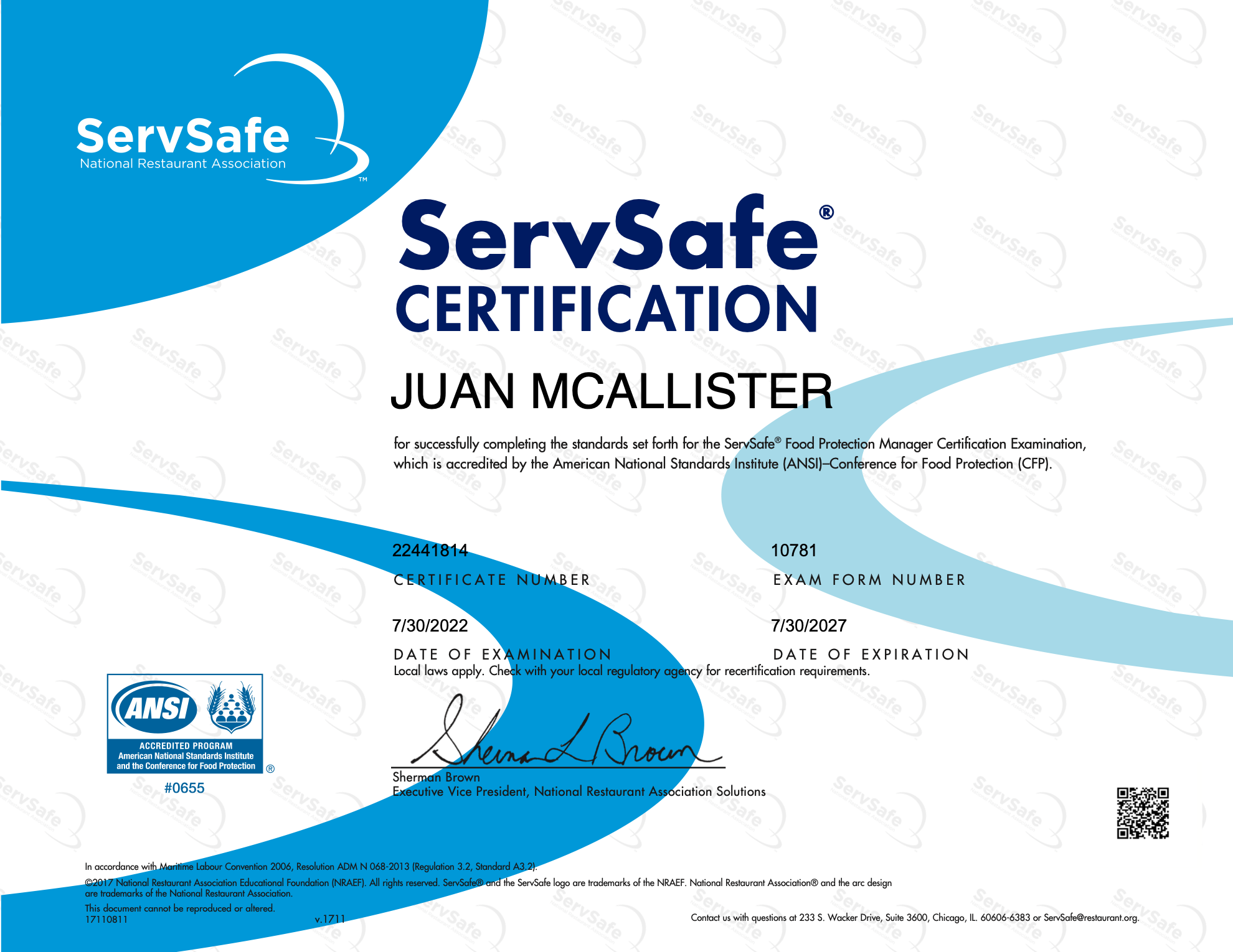 Juan McAllister ServSafe Food Protection Manager certification, valid through July 30, 2027
